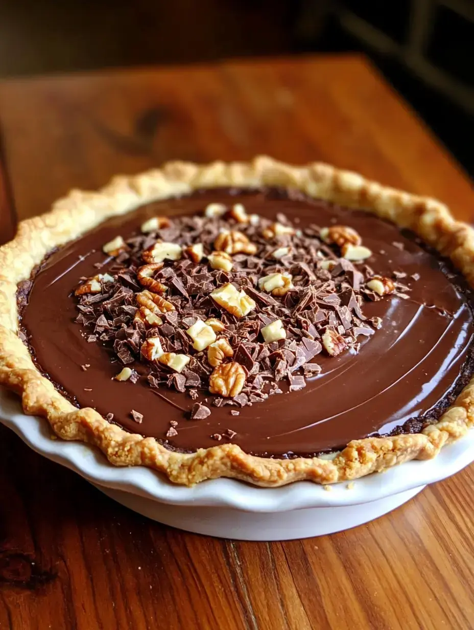 Une tarte au chocolat garnie de noix hachées et de copeaux de chocolat posée sur une table en bois.