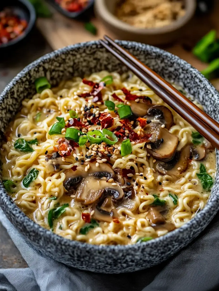 Un gros plan d'un bol de nouilles ramen garni de champignons tranchés, oignons verts, flocons de piment rouge et graines de sésame, avec des baguettes posées sur le côté.