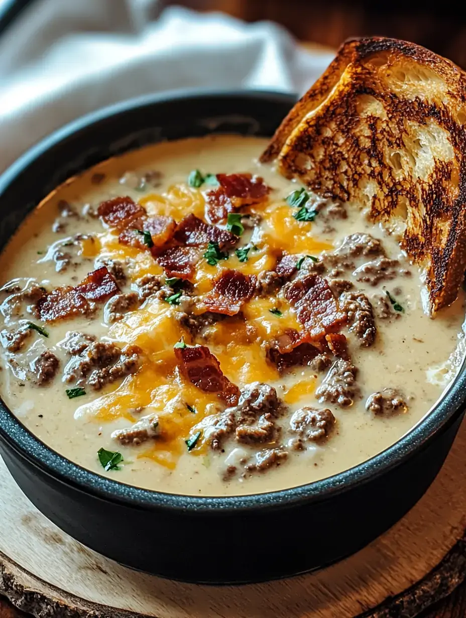 Une soupe crémeuse garnie de bœuf haché, bacon croustillant, fromage râpé et décorée de persil, accompagnée d'une tranche de pain grillé.