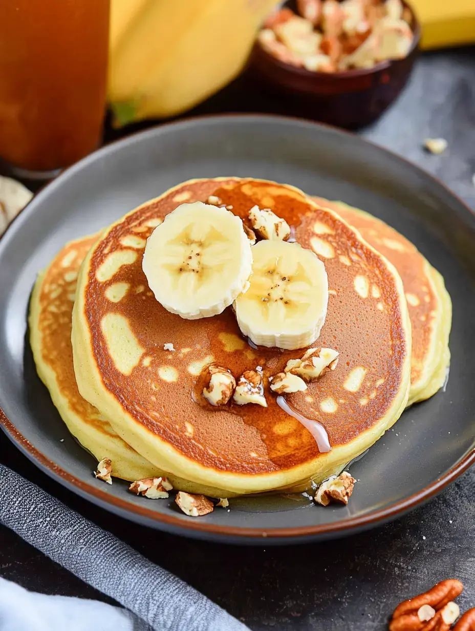 Un gros plan d'une assiette avec deux pancakes moelleux garnis de tranches de banane et parsemés de noix hachées, accompagnés d'un verre de thé glacé et d'une banane en arrière-plan.