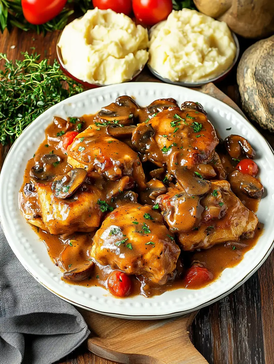 Une assiette de cuisses de poulet garnies de sauce aux champignons, tomates cerises et herbes, servies avec purée de pommes de terre.