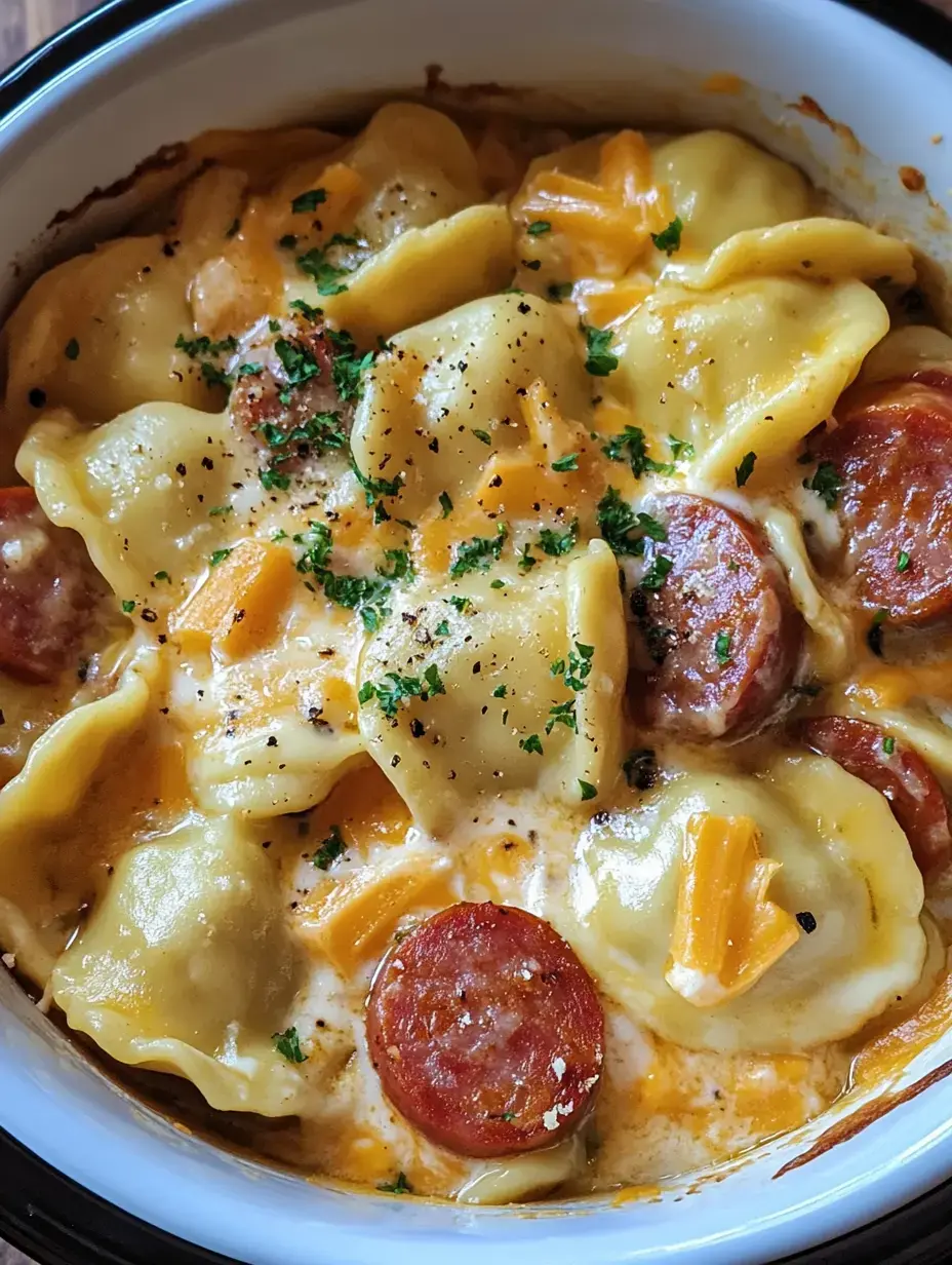 Un gratin onctueux avec raviolis, rondelles de saucisse et fromage fondu, décoré de persil.