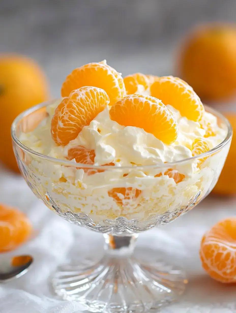 Un bol en verre rempli de crème fouettée et garni de segments d'orange frais, accompagné d'oranges entières en arrière-plan.