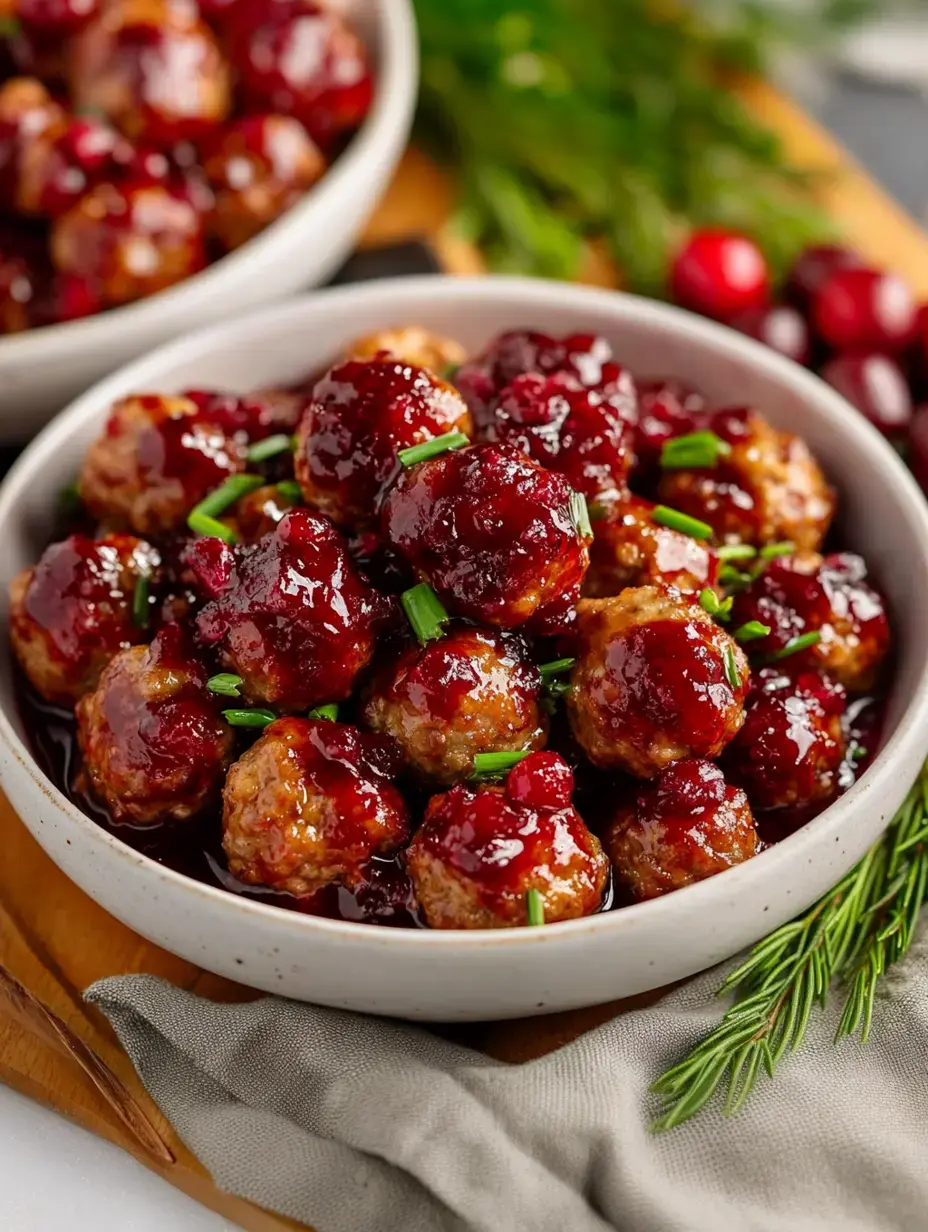 Un gros plan de boulettes nappées d'une sauce rouge à la canneberge, garnies de ciboulette verte, servies dans un bol peu profond sur une planche en bois.