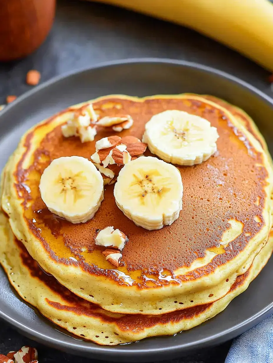 Une pile de pancakes garnis de bananes tranchées et d'amandes hachées, arrosés de sirop, sur une assiette noire avec une banane en arrière-plan.