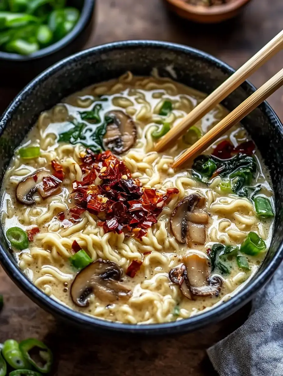Un gros plan d'un bol de nouilles ramen crémeuses garnies de champignons tranchés, oignons verts et flocons de piment rouge, avec des baguettes posées sur le côté.
