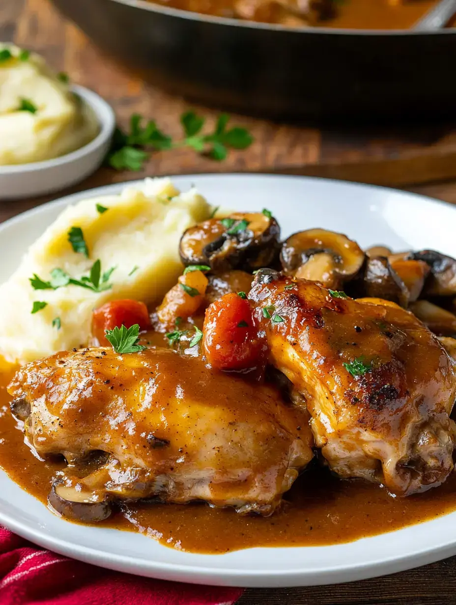Une assiette de cuisses de poulet tendres dans une sauce riche, accompagnées de purée crémeuse et champignons sautés, garnies de persil.