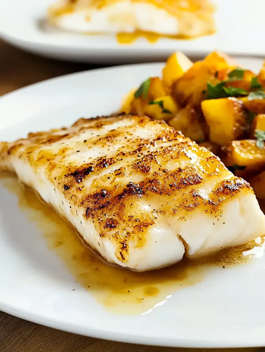 Un morceau de poisson grillé servi avec des légumes sautés coupés en dés sur une assiette blanche.