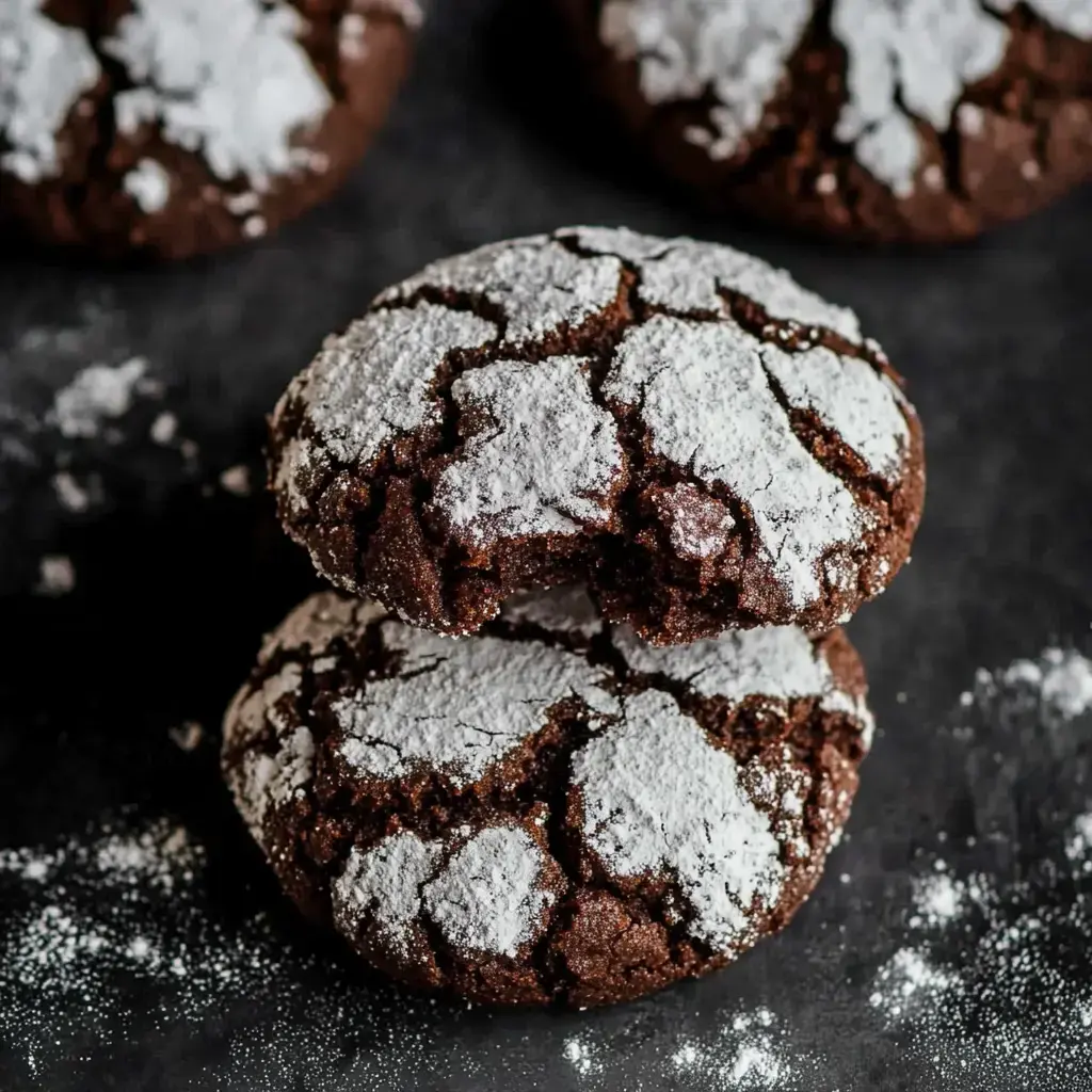 Gros plan sur deux biscuits au chocolat, un avec une bouchée en moins, recouverts de sucre glace, des miettes et du sucre éparpillés sur une surface foncée.