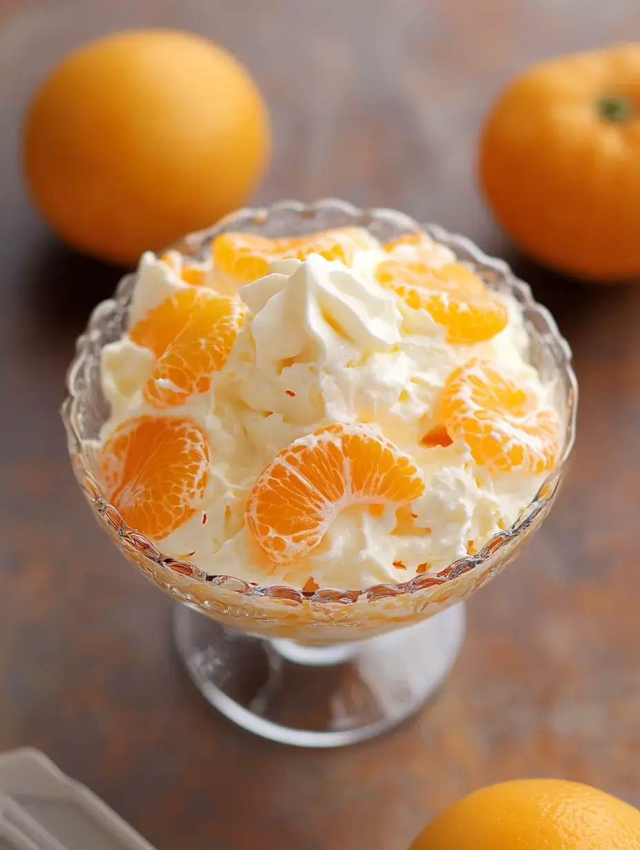 Un bol en verre rempli de crème fouettée et segments d'orange, entouré d'oranges entières sur une surface en bois.