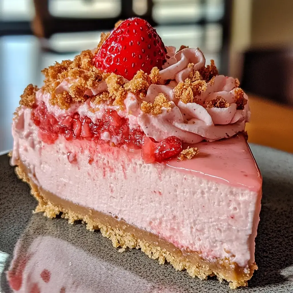 Part de cheesecake à la fraise nappée de chantilly et d’une fraise fraîche sur une assiette grise.