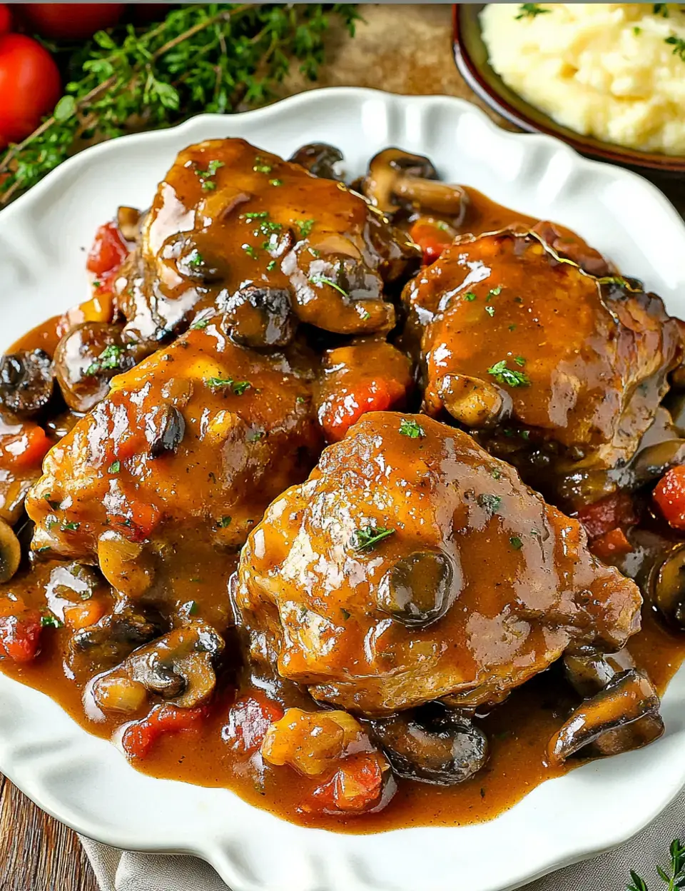 Une assiette de cuisses de poulet tendres nappées d'une riche sauce aux champignons et tomates, garnies d'herbes, accompagnées d'une portion de purée de pommes de terre.