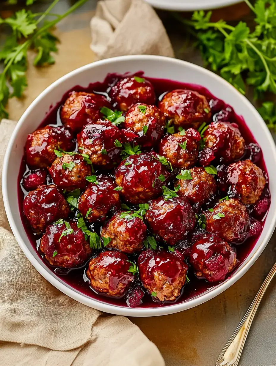 Un bol de boulettes nappées d'une riche sauce aux baies, garnies de persil frais.