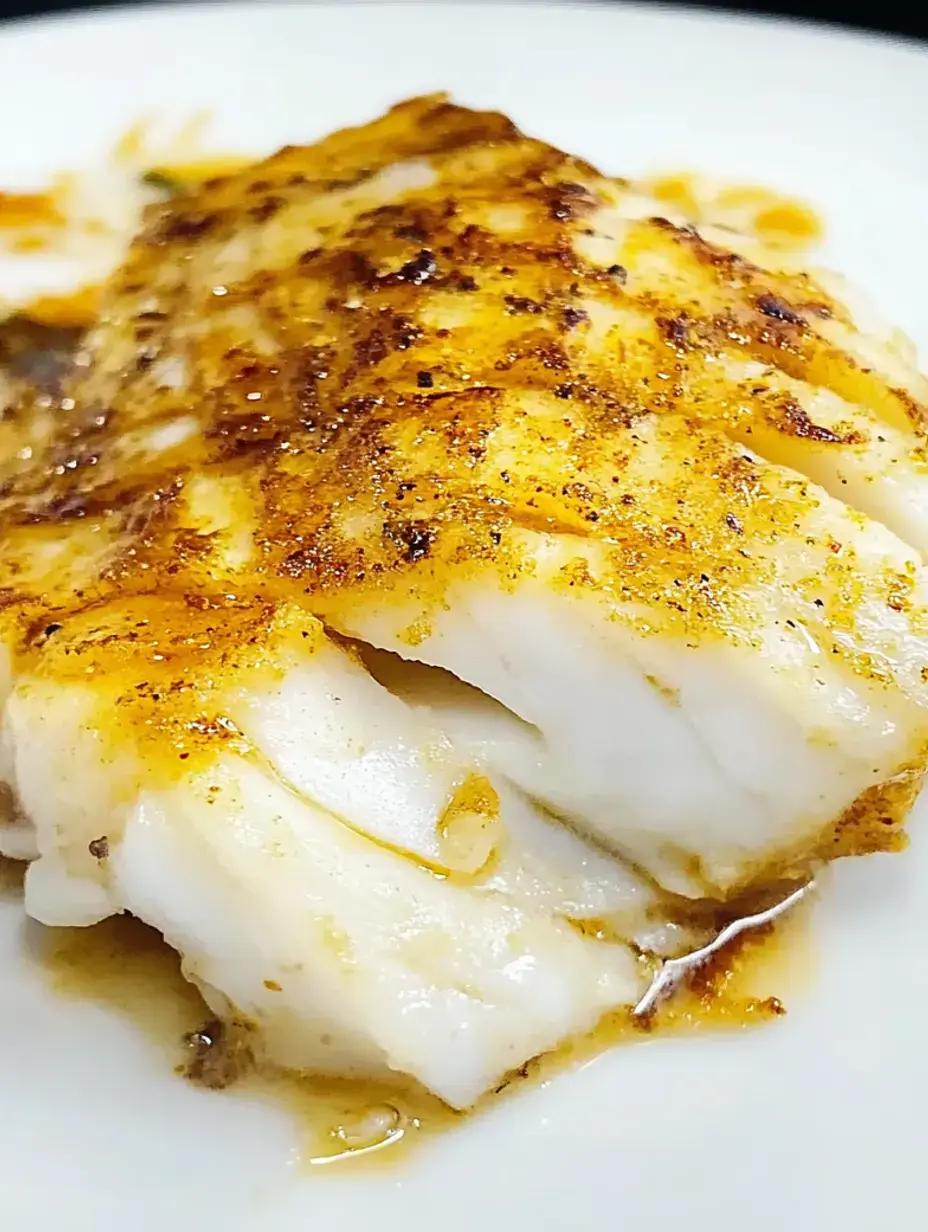 Gros plan d'un morceau de poisson grillé garni d'épices et d'une sauce légère sur une assiette blanche.