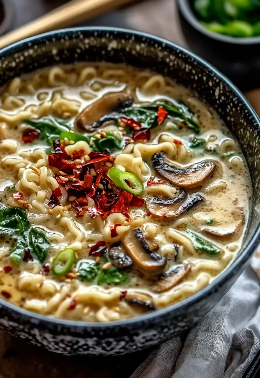 Un gros plan d'un bol de soupe crémeuse aux nouilles garni d'épinards, champignons, oignons verts et flocons de piment rouge.