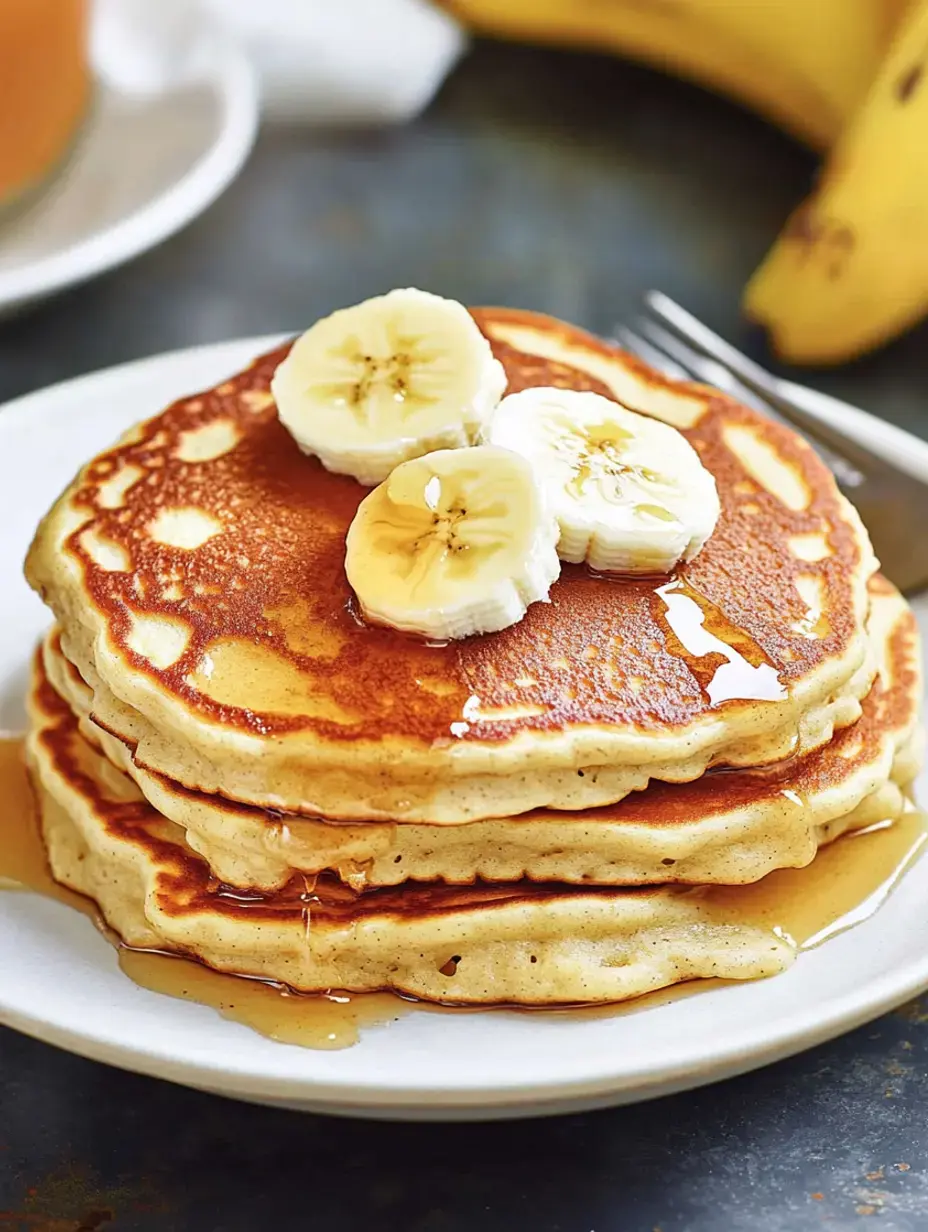 Une pile de trois pancakes dorés garnis de bananes tranchées et nappés de sirop sur une assiette blanche.