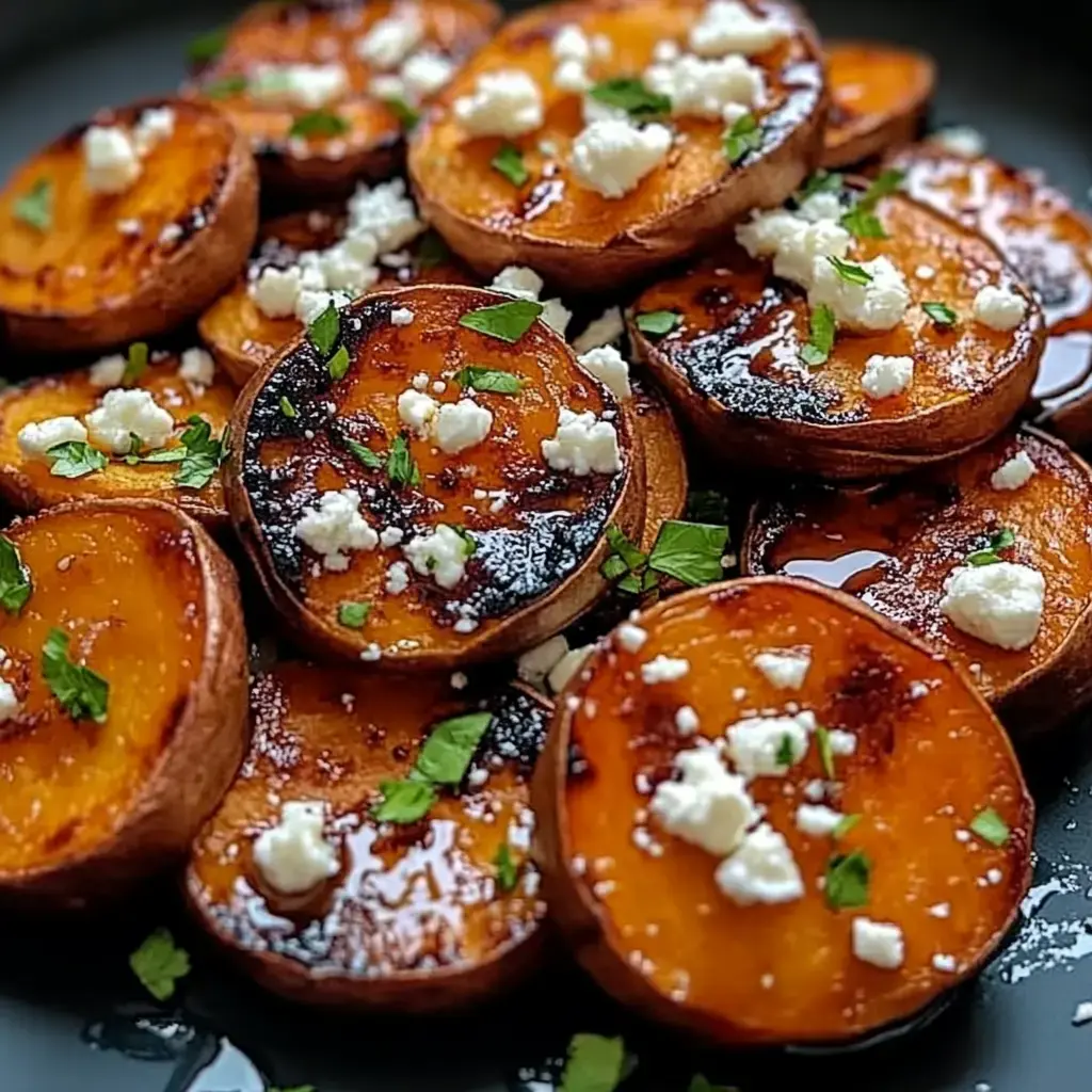 Des rondelles de patates douces rôties sur une assiette, recouvertes de feta émiettée et parsemées de persil frais.