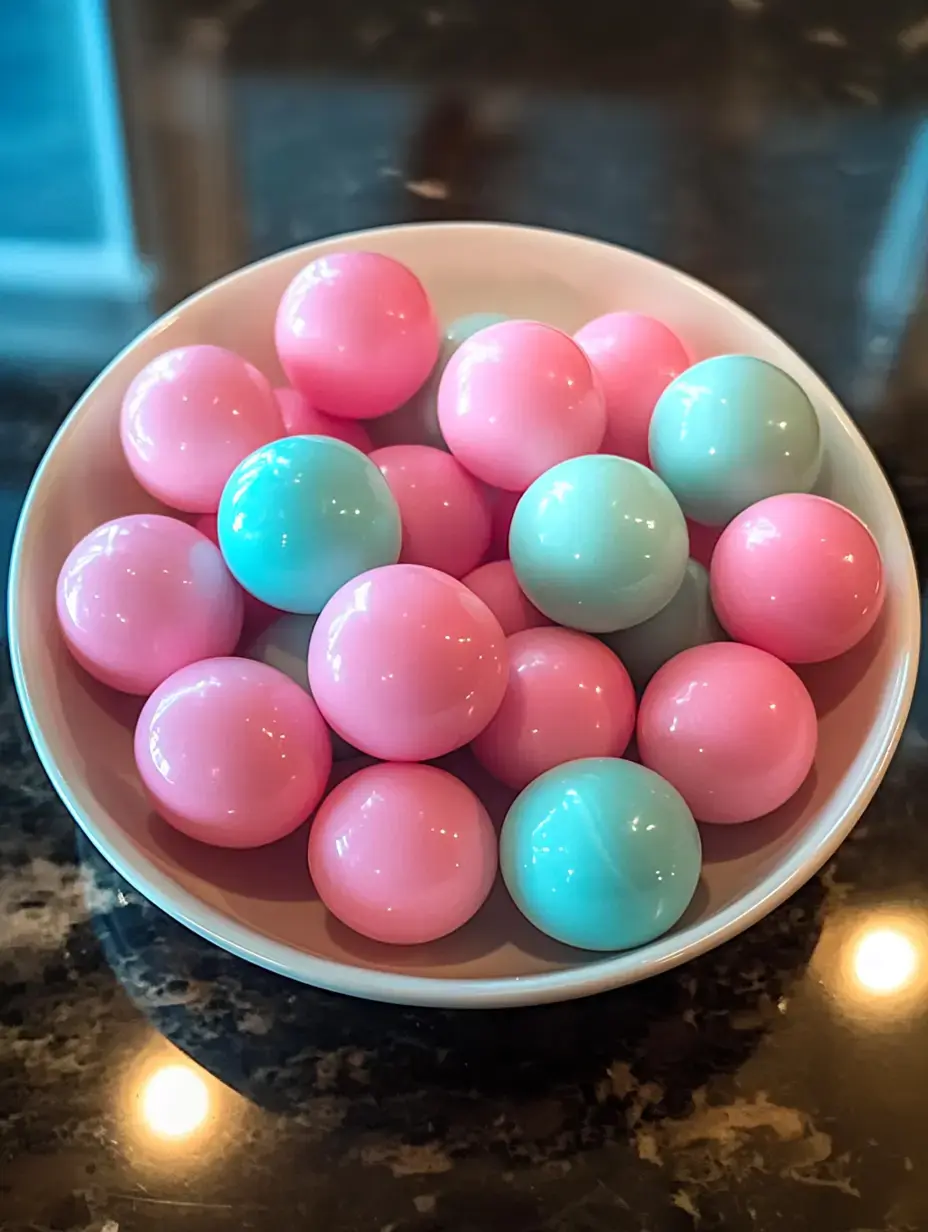 Un bol rempli de boules plastiques roses et vert menthe posé sur un comptoir foncé.