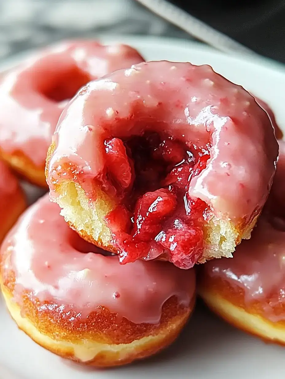 Gros plan sur des donuts brillants, l’un croqué laisse voir une garniture à la fraise à l’intérieur.