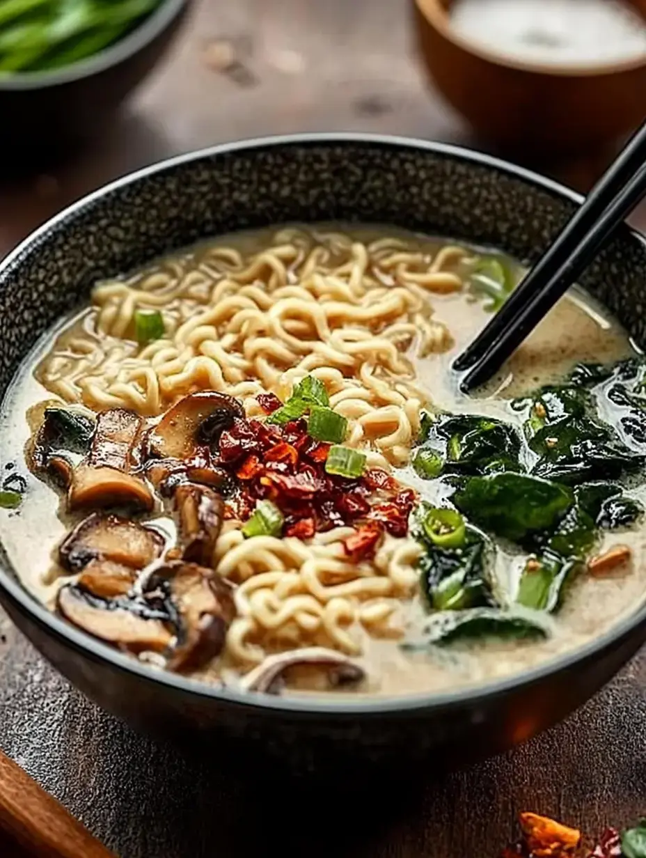 Un bol de ramen crémeux garni de champignons, oignons verts, algues et flocons de piment rouge.