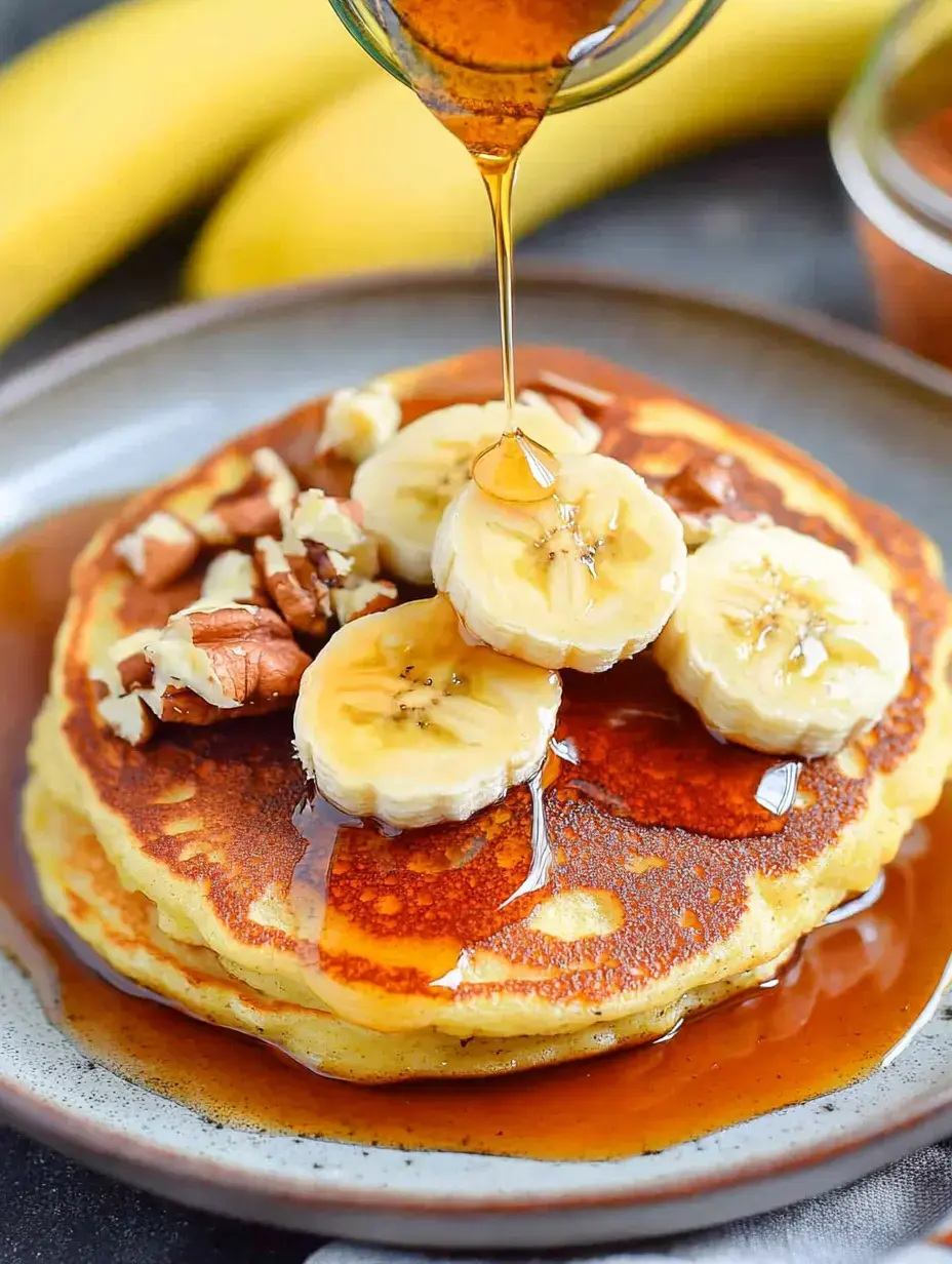 Une pile de pancakes garnis de bananes tranchées, de noix et arrosés de sirop sur une assiette.