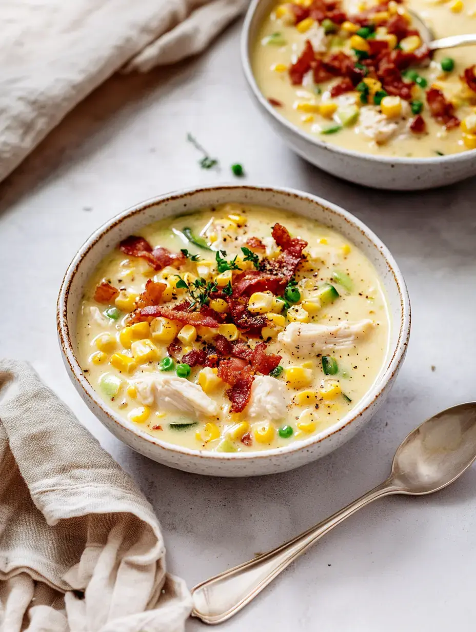Vue rapprochée de deux bols de chowder crémeux au maïs garnis de bacon, d'oignons verts et de poulet effiloché, avec une cuillère en argent et une serviette en lin.