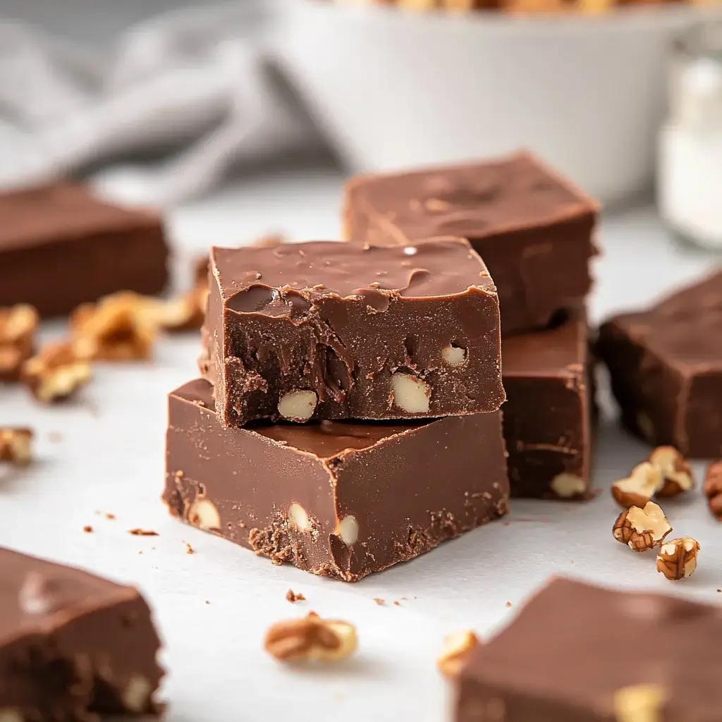 Zoom sur des cubes de fudge au chocolat empilés avec des noix, un peu partout des noix sur un fond clair.