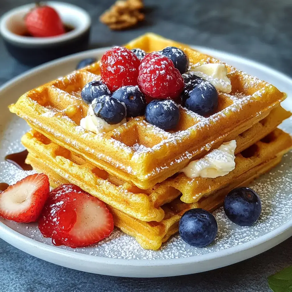 Une assiette de gaufres dorées garnies de fraises fraîches, myrtilles et framboises, saupoudrées de sucre glace et arrosées de sirop.