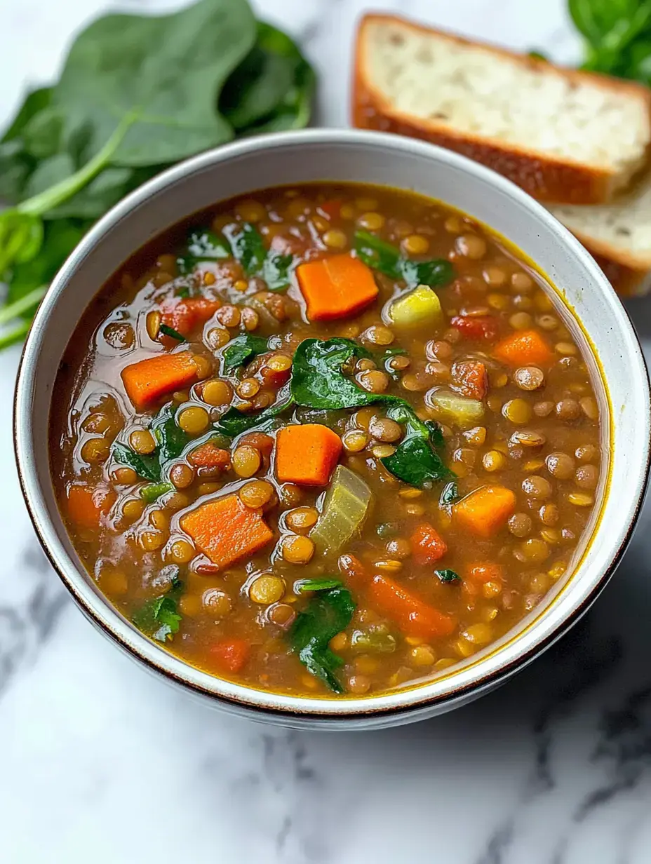 Un bol de soupe aux lentilles rempli de légumes, dont des carottes et des épinards, accompagné de tranches de pain.