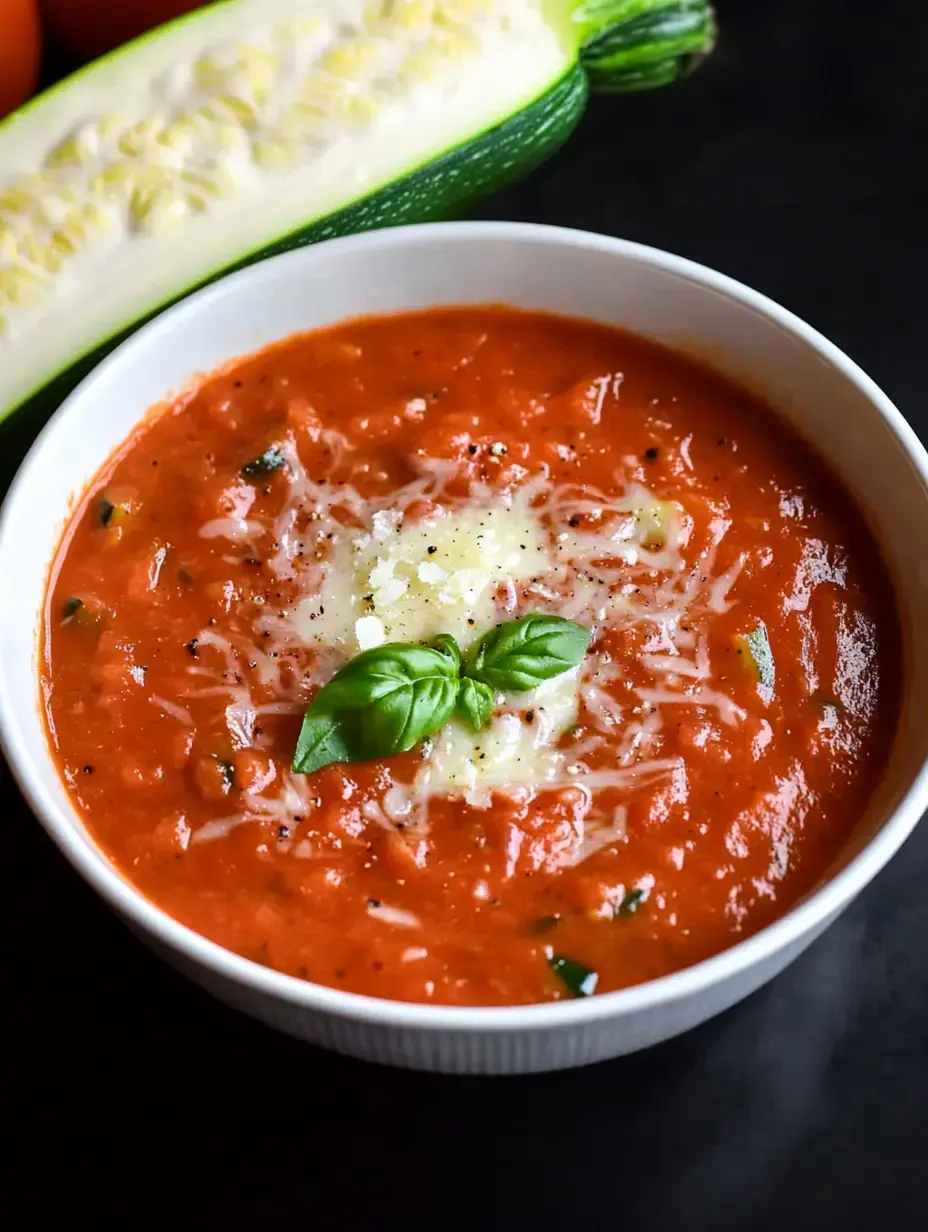 Un bol de soupe à la tomate garnie de fromage râpé et d'une feuille de basilic, entouré de légumes frais.