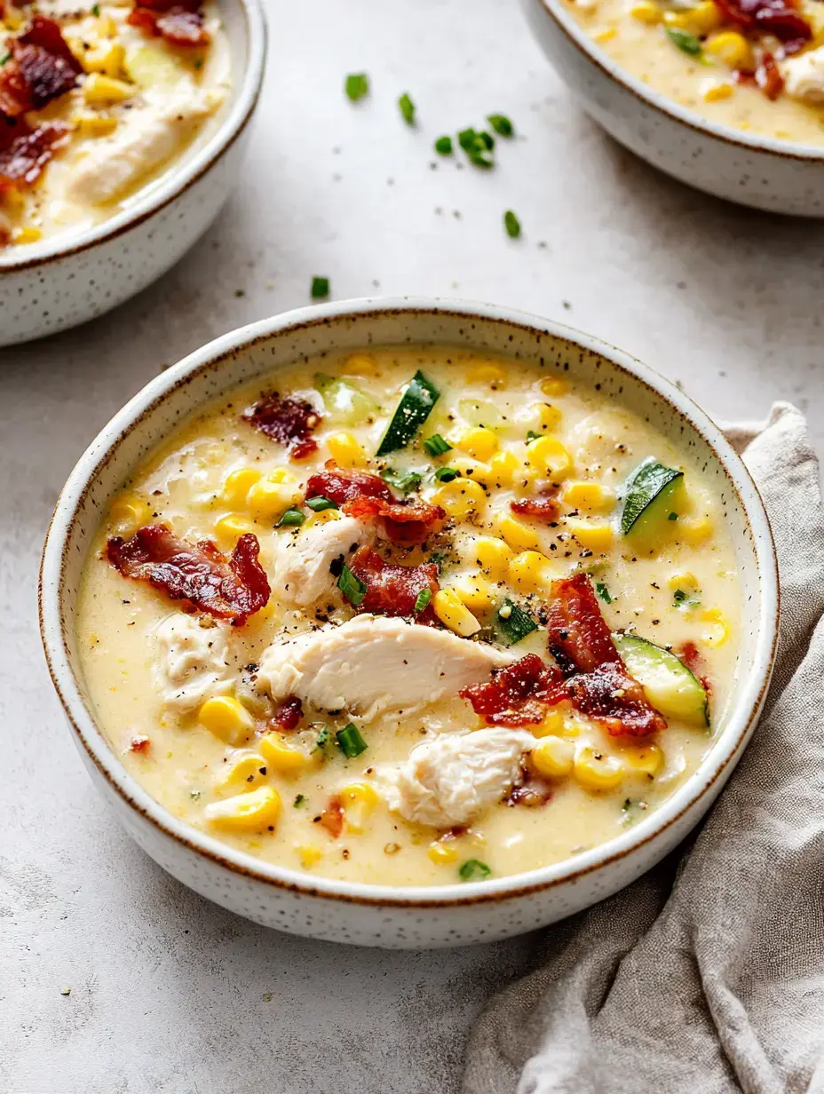 Un bol de chowder crémeux au maïs garni de morceaux de bacon, de poulet et d'oignons verts.