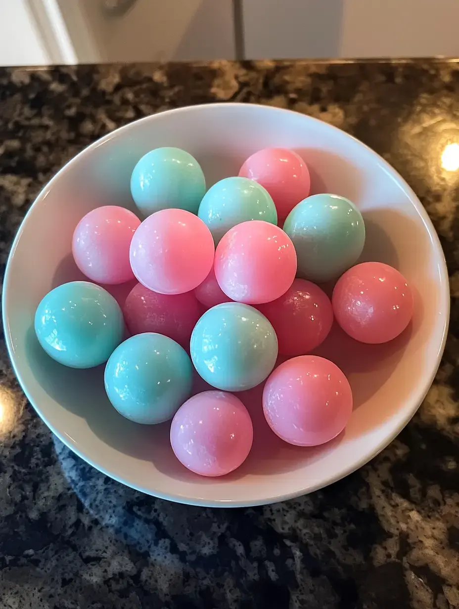 Un bol contenant des bonbons sphériques colorés en teintes roses et bleues posé sur une surface en granit foncé.
