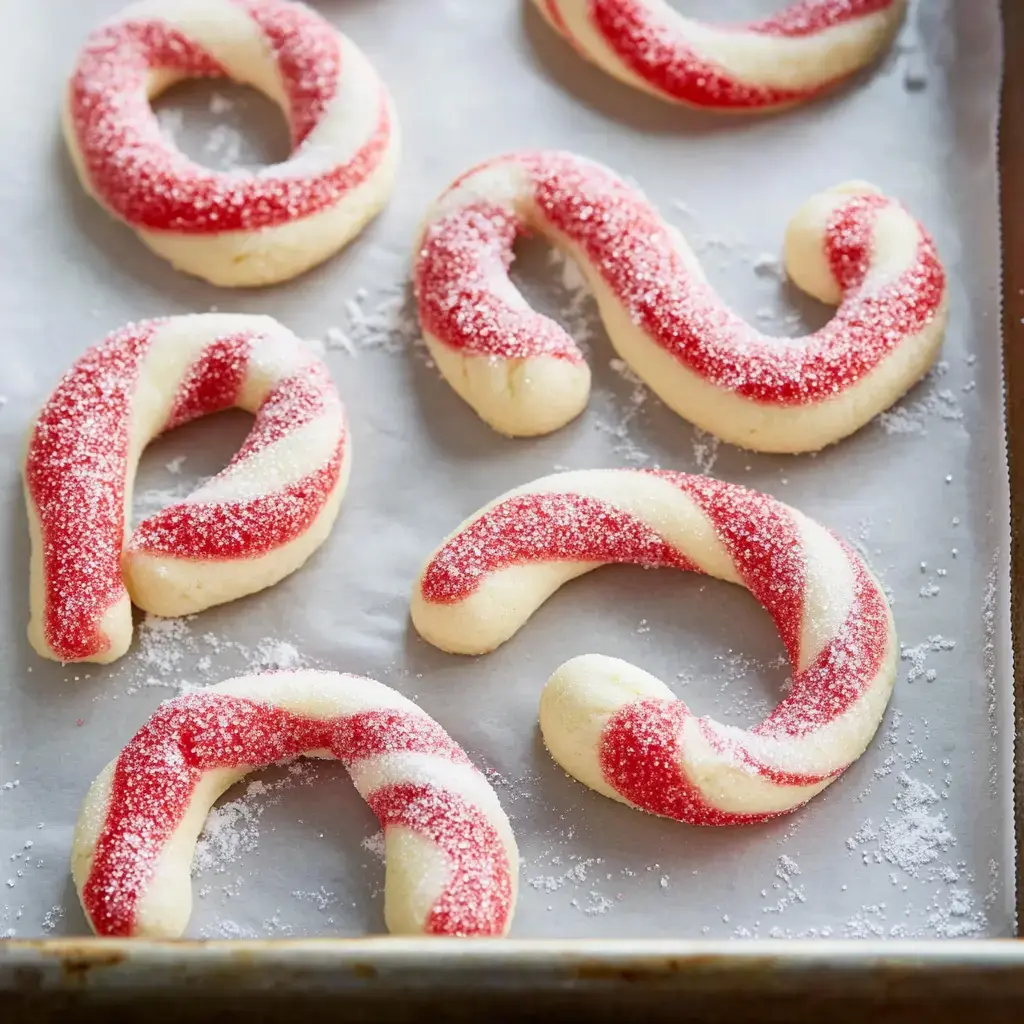 Une plaque de biscuits tout frais tressés façon sucre d’orge rouge et blanc, saupoudrés de sucre glace.