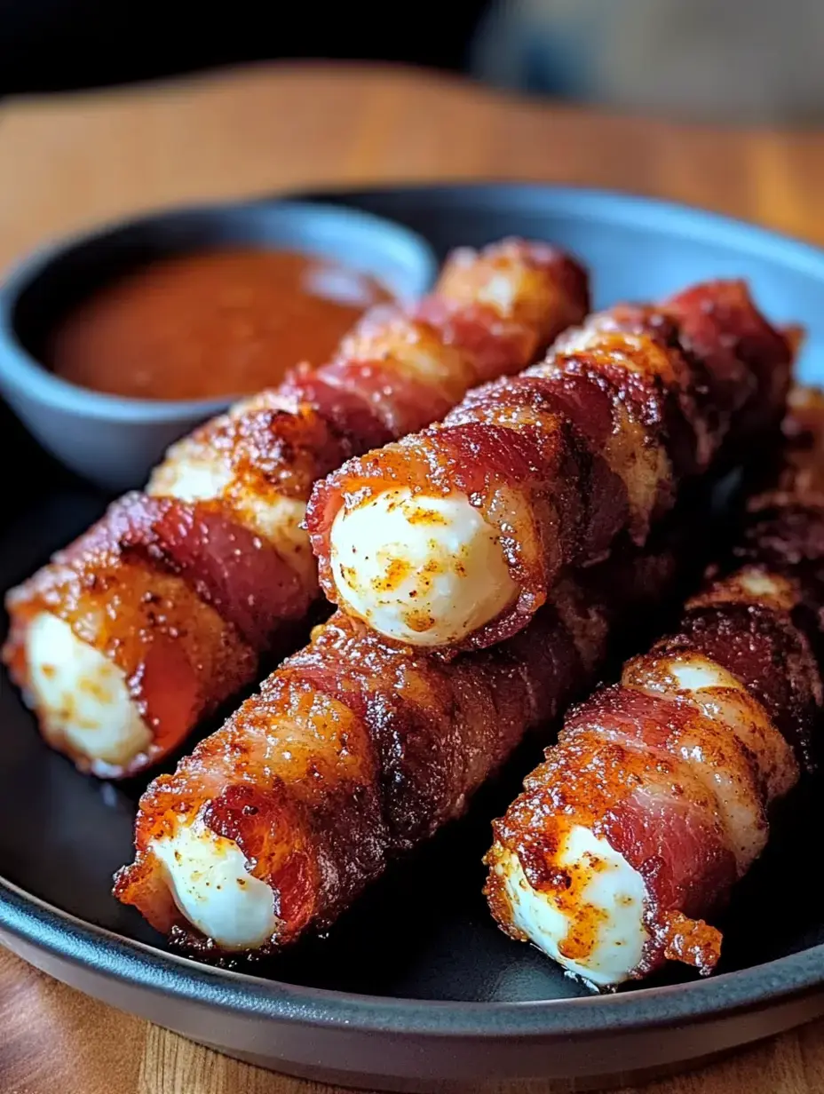 Trois bâtonnets de fromage enroulés de bacon sont disposés sur une assiette noire, accompagnés d'un petit bol de sauce pour tremper.