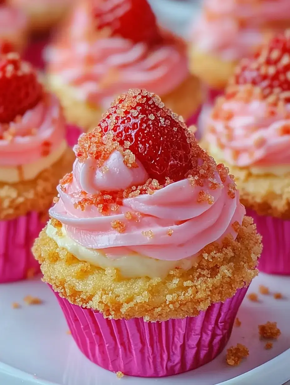 Gros plan sur des cupcakes colorés, nappés de glaçage rose, avec une fraise et du sucre scintillant dessus.