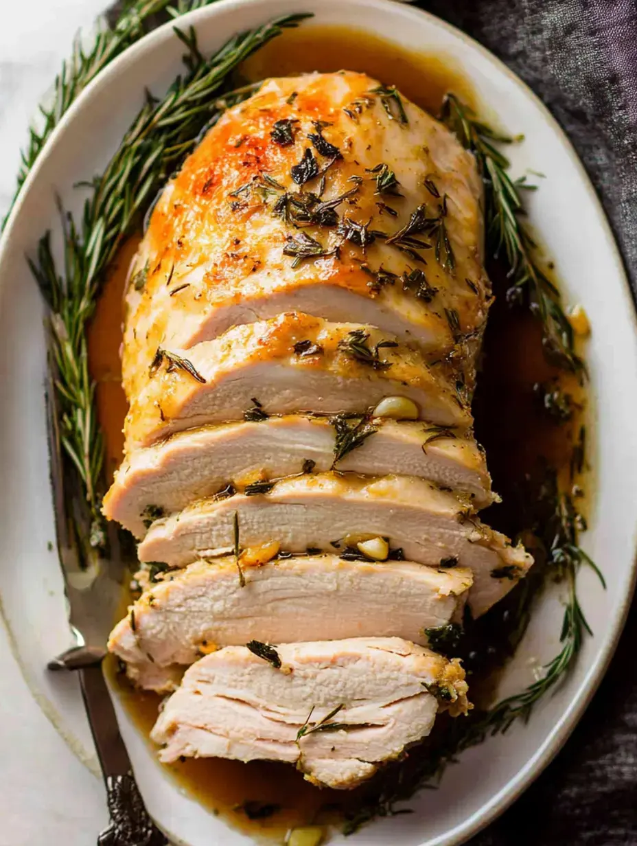 Des tranches de poulet rôti sont présentées sur un plat blanc, garnies d'herbes et entourées d'une savoureuse sauce.