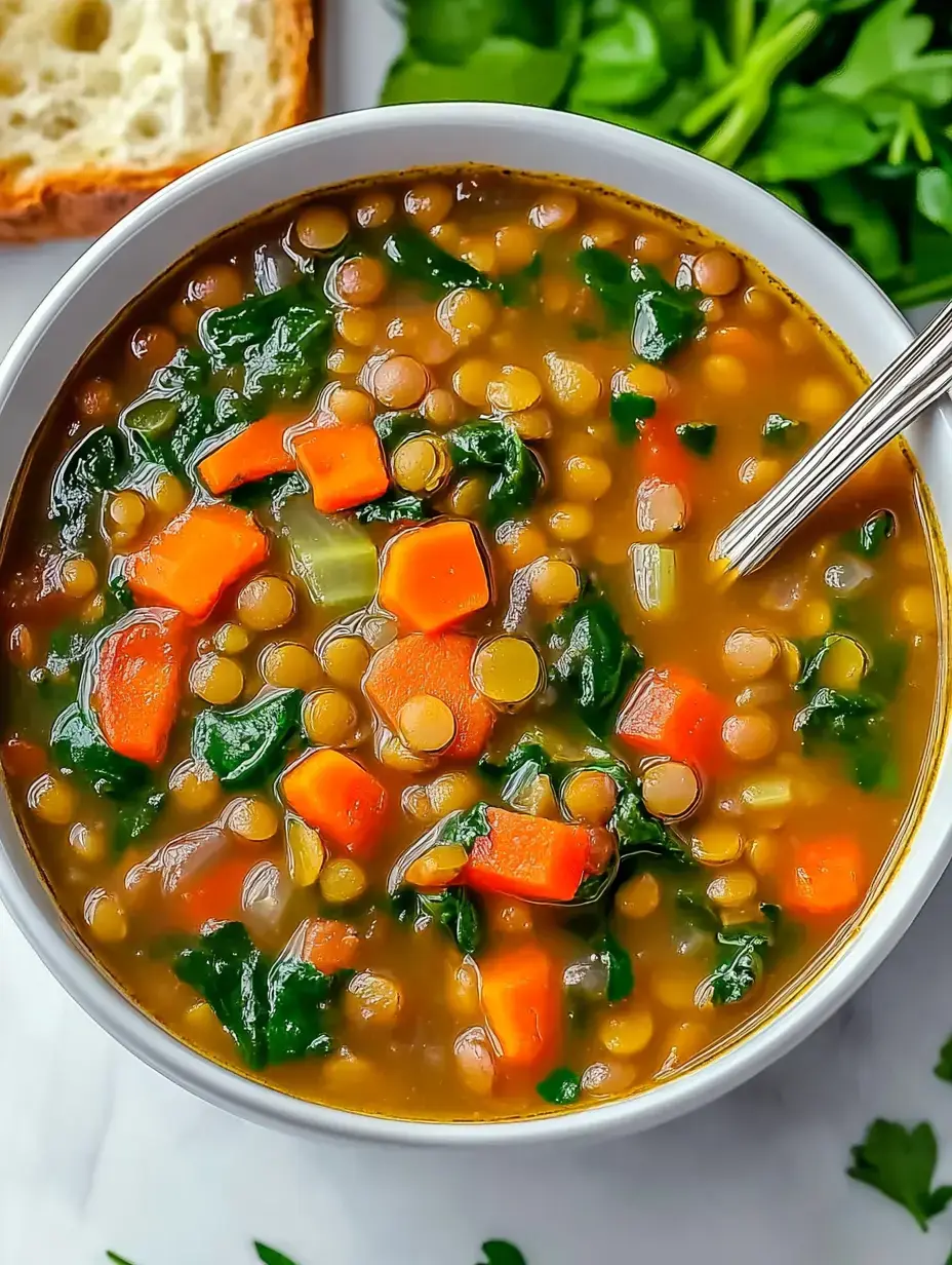 Un bol de soupe aux lentilles avec carottes, épinards et une cuillère, à côté d'une tranche de pain et de verdure fraîche.