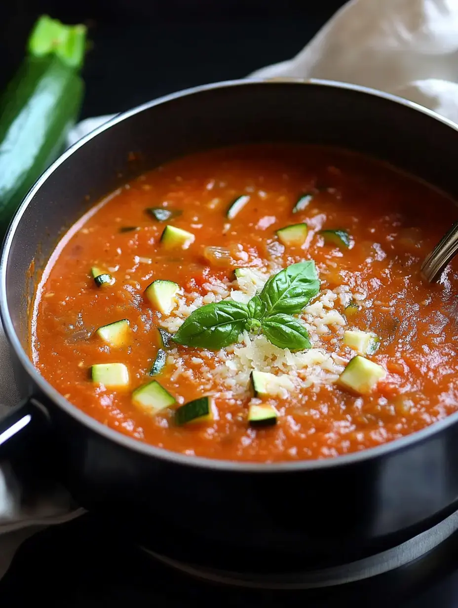 Une marmite noire remplie de soupe à la tomate garnie de courgettes en dés, de fromage râpé et d'une feuille de basilic, avec une courgette à côté.