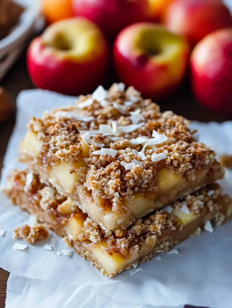 Une pile de barres aux pommes garnies de noix de coco râpée, posées sur du papier sulfurisé, avec des pommes fraîches en arrière-plan.