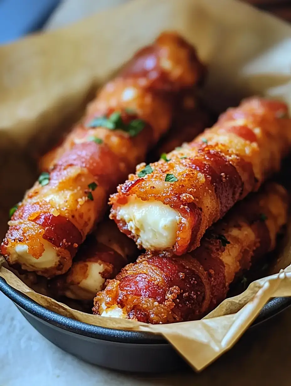 Un gros plan de bâtonnets de fromage croustillants enroulés de bacon garnis de persil, servis dans un bol tapissé de papier sulfurisé.