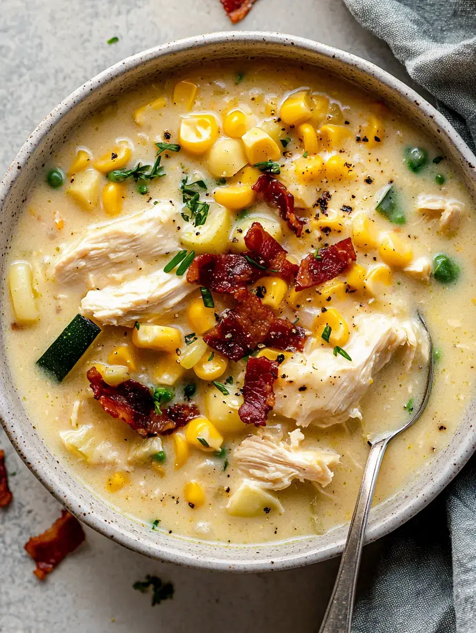 Un bol de soupe crémeuse au poulet et maïs garnie de morceaux de bacon et d'herbes fraîches.