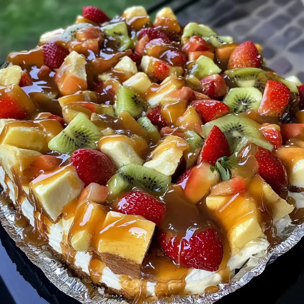 Une tarte de fruits éclatante recouverte de fruits frais comme fraises, kiwi et ananas, avec un filet de caramel.