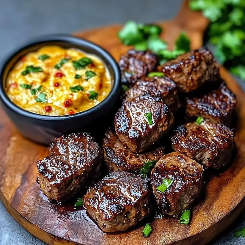 Plateau en bois garni de cubes de bœuf grillé et d’un bol de sauce crémeuse aux herbes.