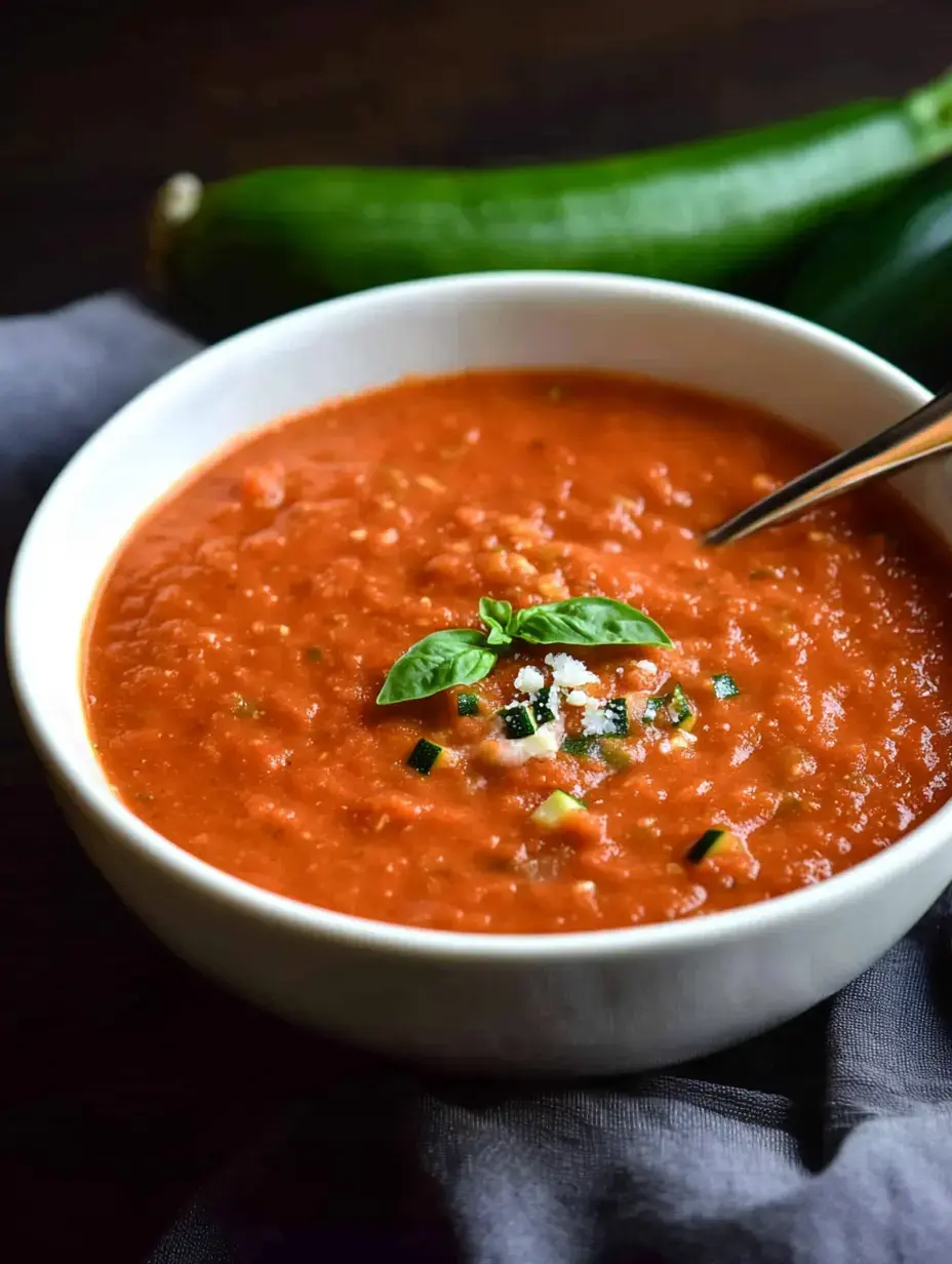 Un bol blanc de soupe à la tomate garni de basilic et de légumes en dés, placé à côté de courgettes fraîches sur une surface sombre.