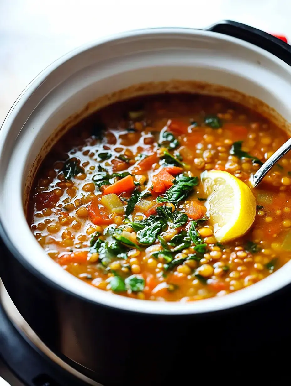 Un gros plan d'un bol de soupe aux lentilles et légumes avec des épinards et une tranche de citron sur le dessus.