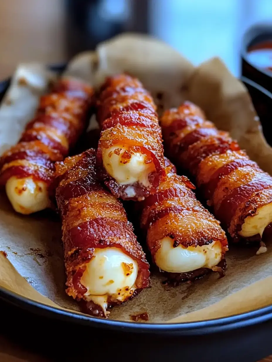 Des bâtonnets de mozzarella enroulés de bacon disposés sur une assiette avec du papier sulfurisé.