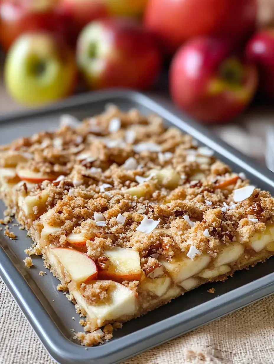 Un plateau de dessert aux pommes garni d'un crumble et entouré de pommes fraîches en arrière-plan.