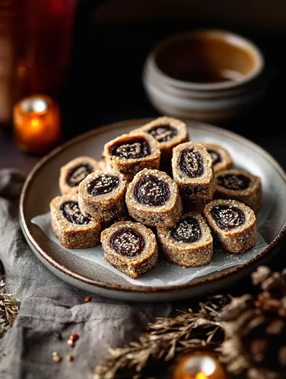 Une assiette de délices sucrés roulés avec un centre foncé comme de la confiture, garnis de graines de sésame, dans un cadre chaleureux doucement éclairé.