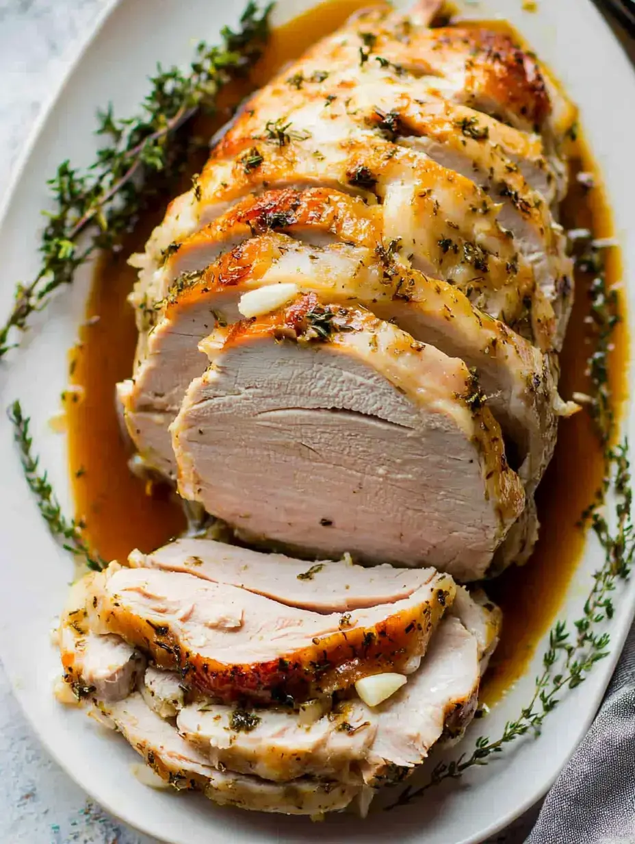 Une poitrine de dinde rôtie magnifiquement tranchée, garnie de thym, servie sur un plat avec une sauce savoureuse.