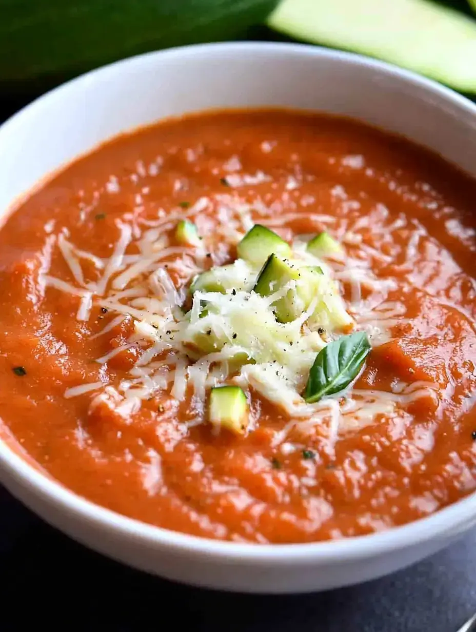 Un bol de soupe crémeuse à la tomate garnie de fromage râpé et de courgettes en dés, décorée d'une feuille de basilic.